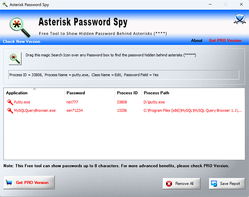 AsteriskPasswordSpy showing recovered passwords