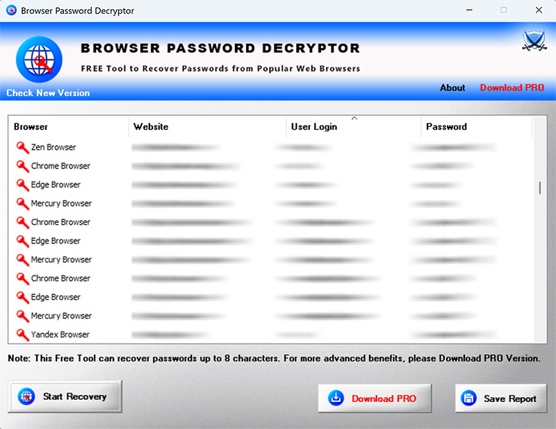 BrowserPasswordDecryptor showing recovered passwords