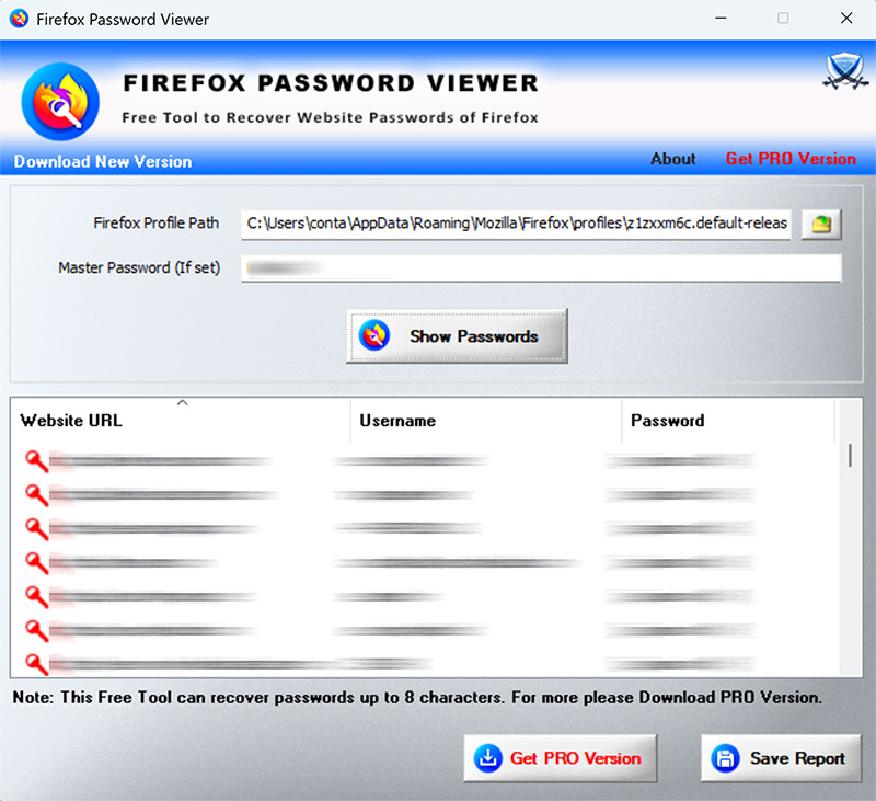 FirepasswordViewer showing the sign-on information