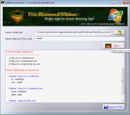 FirepasswordViewer showing the sign-on information