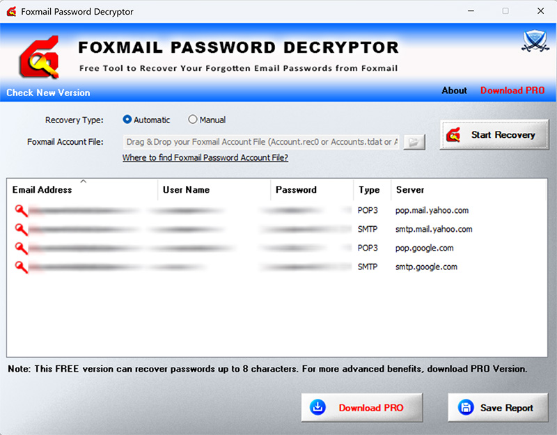 FoxmailPasswordDecryptor showing recovered passwords