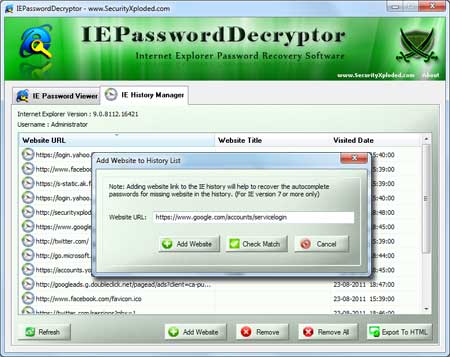 IEPasswordDecryptor - Adding website to History