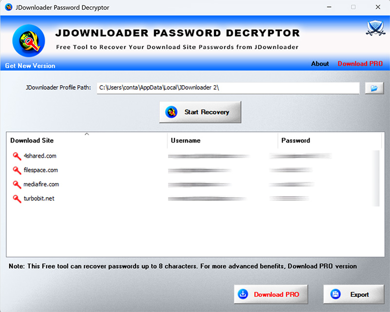 JDownloaderPasswordDecryptor showing recovered passwords