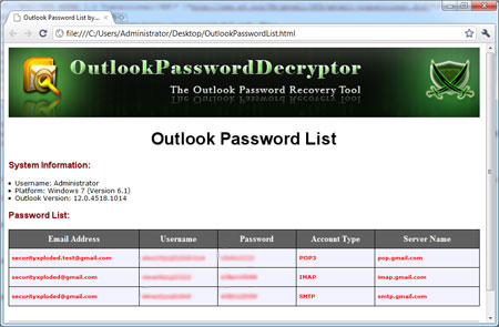 Export Outlook passwords to HTML
