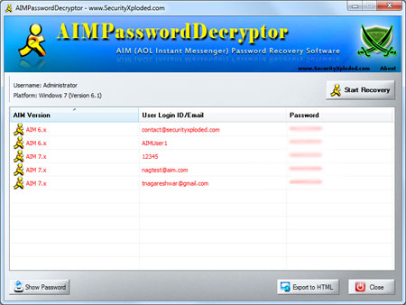 AIMPasswordDecryptor showing recovered passwords