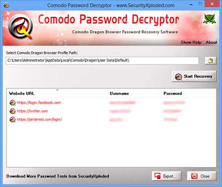 ComodoPasswordDecryptor showing the Chrome Secrets