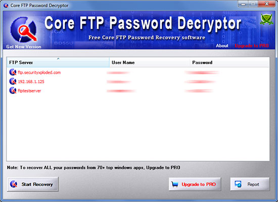 Core FTP Password Decryptor showing recovered passwords