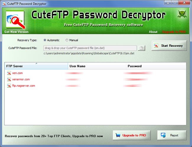 CuteFTP Password Decryptor showing recovered passwords