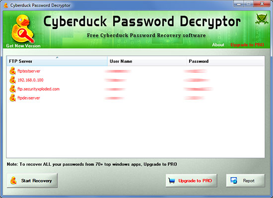 Cyberduck Password Decryptor showing recovered passwords