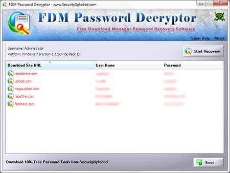FDMPasswordDecryptor showing recovered passwords