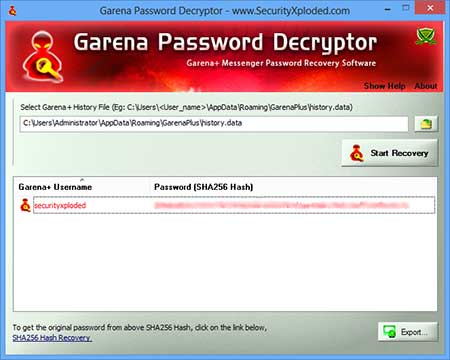 GarenaPasswordDecryptor showing recovered passwords