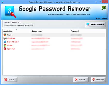 GooglePasswordRemover showing recovered passwords