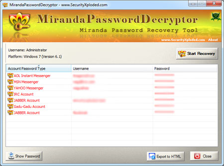 MirandaPasswordDecryptor showing recovered passwords