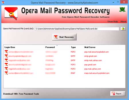 OperaMailPasswordRecovery showing recovered passwords