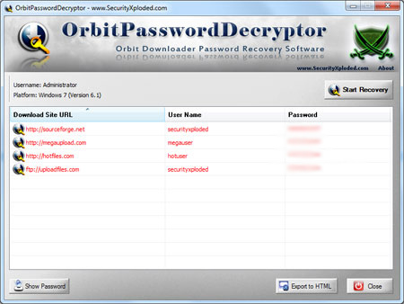 OrbitPasswordDecryptor showing recovered passwords