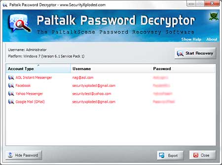 PaltalkPasswordDecryptor showing recovered passwords