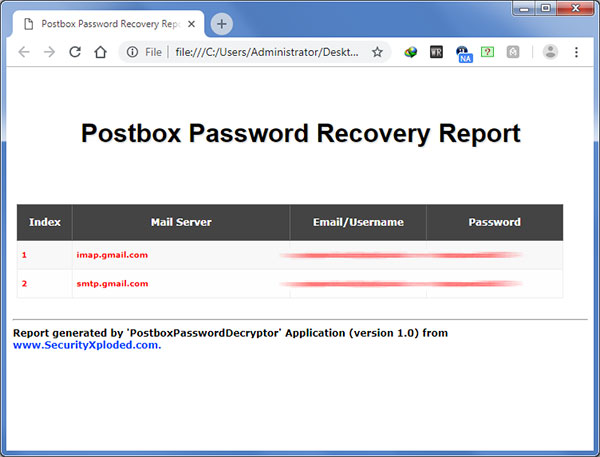 Postbox Password Decryptor showing the saved password list