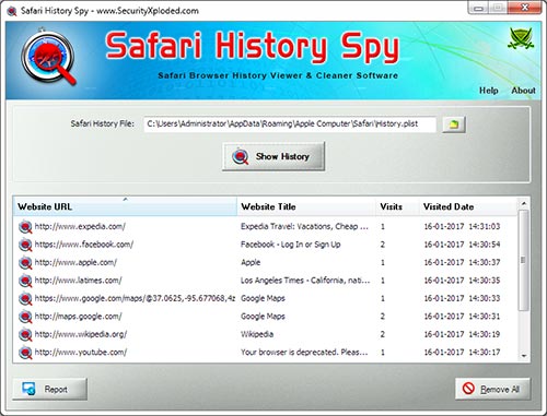 Safari History Spy showing history data