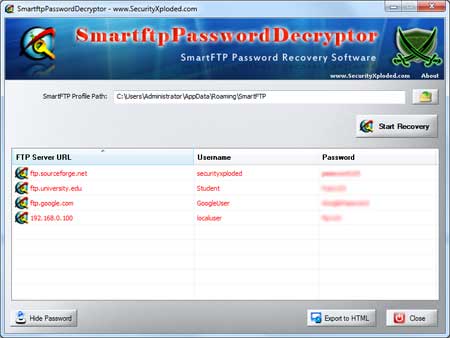 SmartFTP Password Decryptor showing recovered passwords
