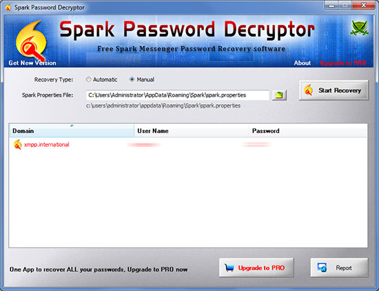 Spark Password Decryptor showing recovered passwords