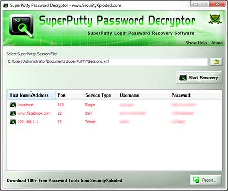 SuperPuttyPasswordDecryptor showing the Chrome Secrets