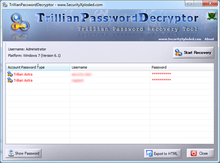 TrillianPasswordDecryptor showing recovered passwords