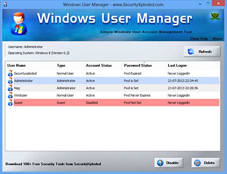 WindowsUserManager showing recovered passwords