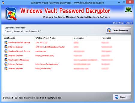 WindowsVaultPasswordDecryptor showing recovered passwords